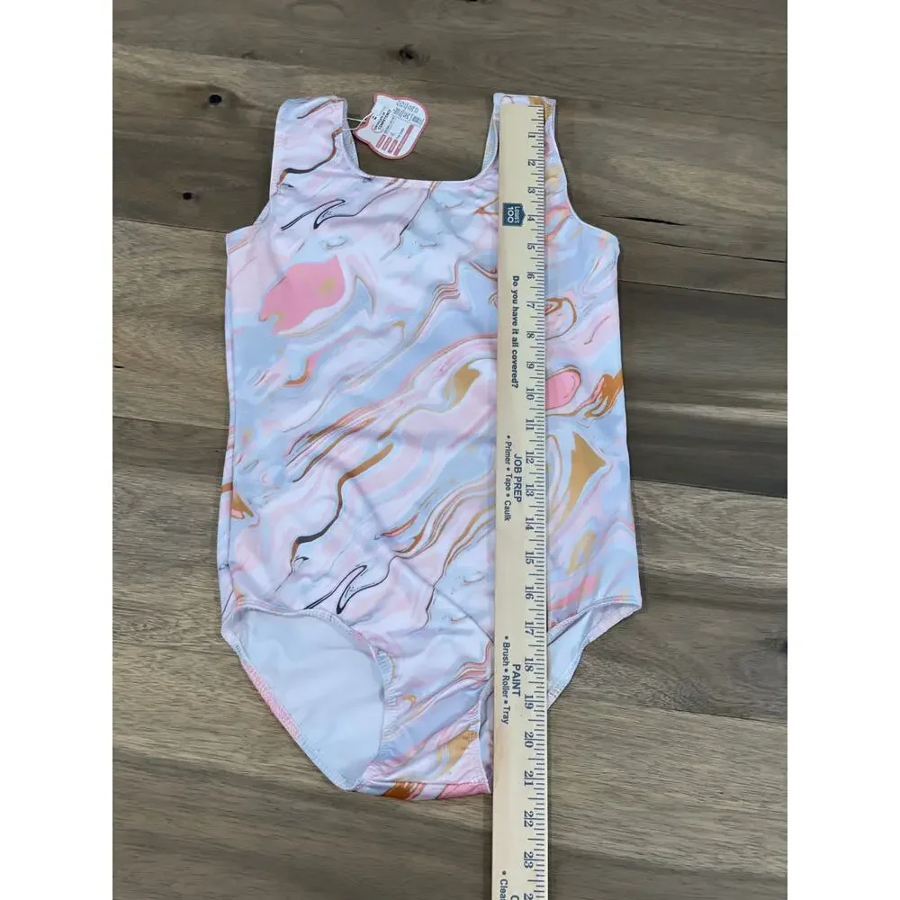 Girls Pink Blue & Gold Swirl One‑Piece Swimsuit Size M (7/8) NWT